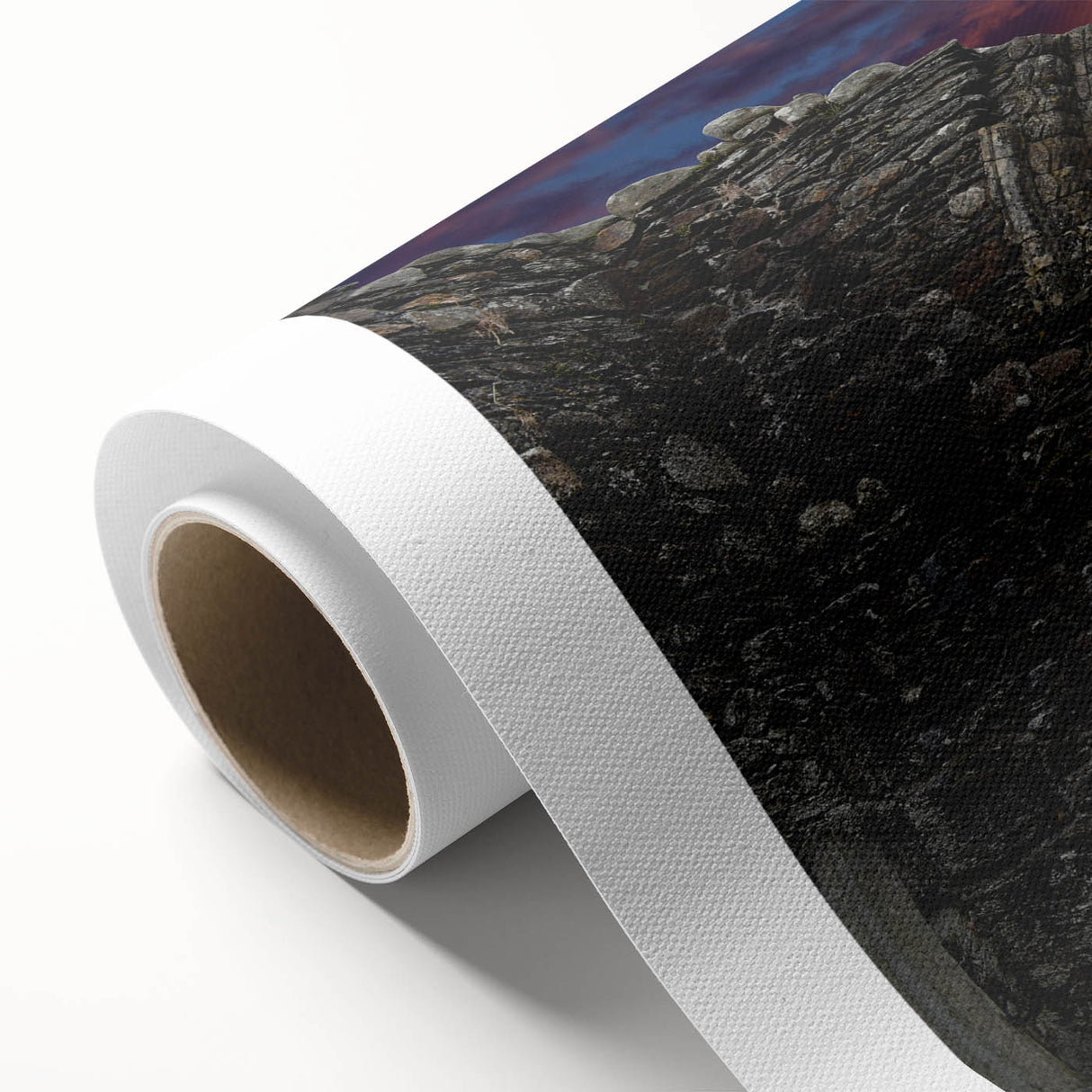 Art Deco poster of ancient ruins in muted earth tones on rolled canvas, suitable for dining room wall art.