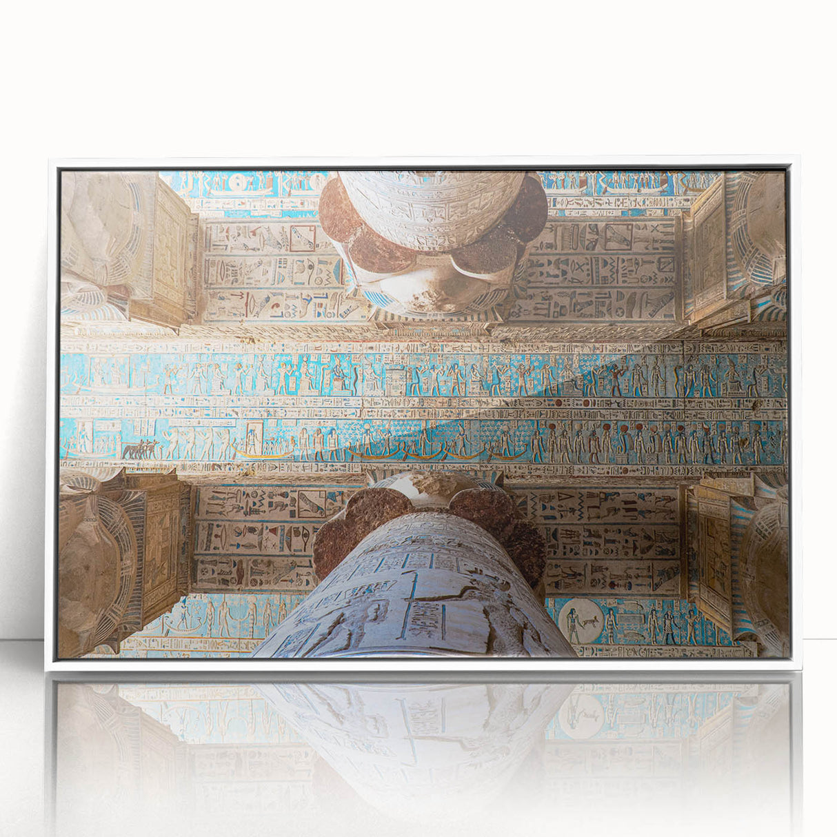 Art deco poster of ancient ruins in muted beige and ivory, acrylic print in white frame, suitable for modern nursery decor.