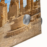 Acrylic print of ancient ruins in muted earth tones, ideal for dining room art in a mid-century modernist style.