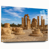 Acrylic print of ancient ruins in muted earth tones, ideal for dining room decor.