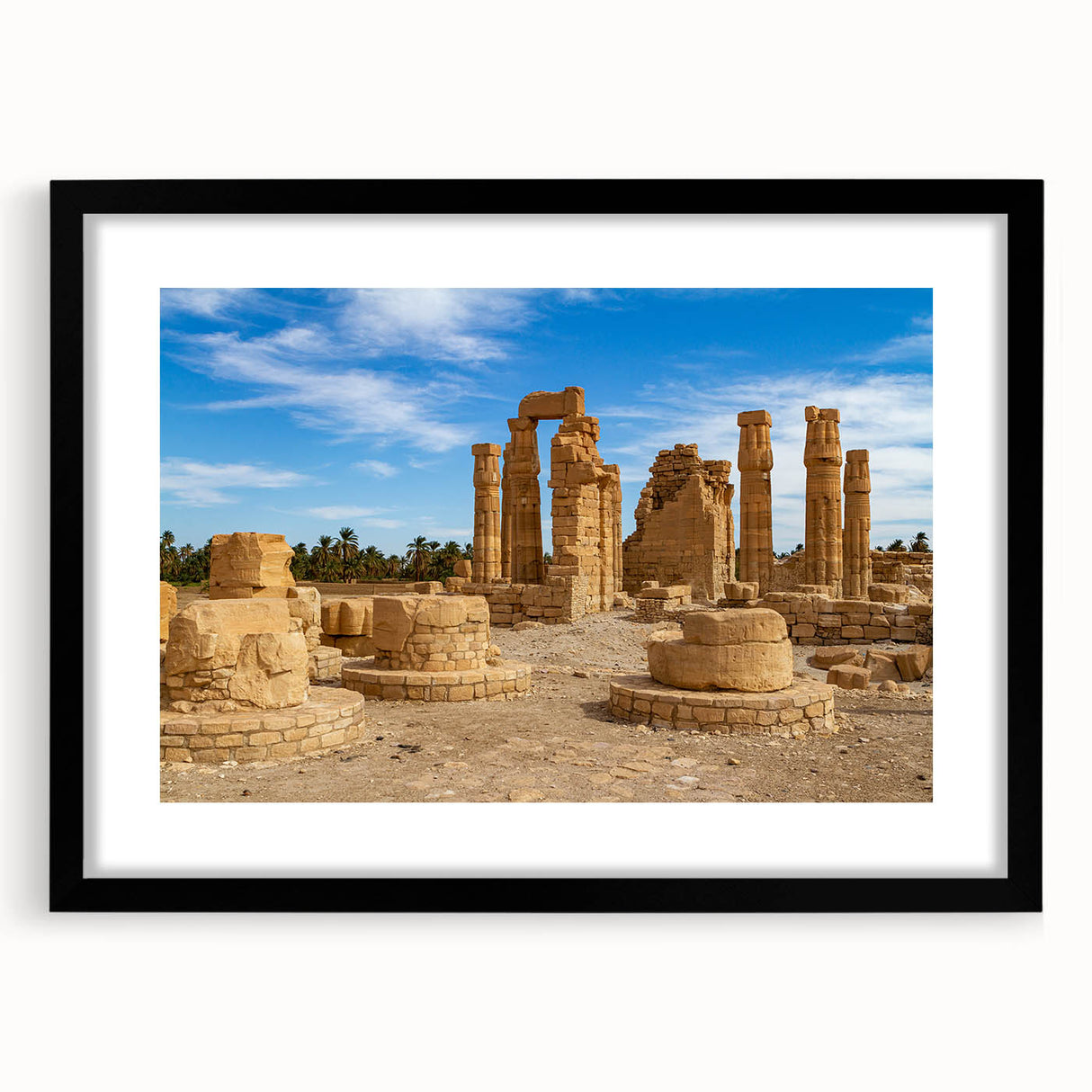 Extra large abstract art print of colorful, textured ancient ruins on a black framed canvas, ideal for living room decor.
