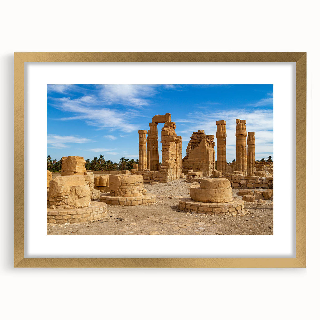 Extra large wall art featuring abstract art prints of ancient ruins in textured beige and gold tones, framed in gold.