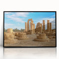 Large abstract wall art of ancient ruins in muted earth tones on a framed acrylic, suitable for a modern living room.