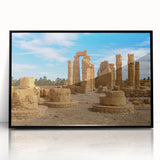 Large abstract wall art of ancient ruins in muted earth tones on a framed acrylic, suitable for a modern living room.