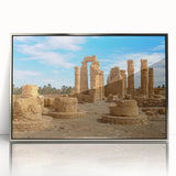 Mid-century modernist art of ancient ruins in muted gray and blue tones, framed acrylic print.