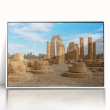 Art deco poster of ancient ruins in muted earth tones, framed acrylic, ideal for modern art wall decor.