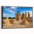 Black and white framed canvas of ancient ruins landscape, ideal for bedroom wall art in a vintage poster style.