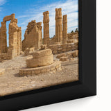 Extra large framed canvas of black wall art depicting ancient ruins in colorful, textured style.
