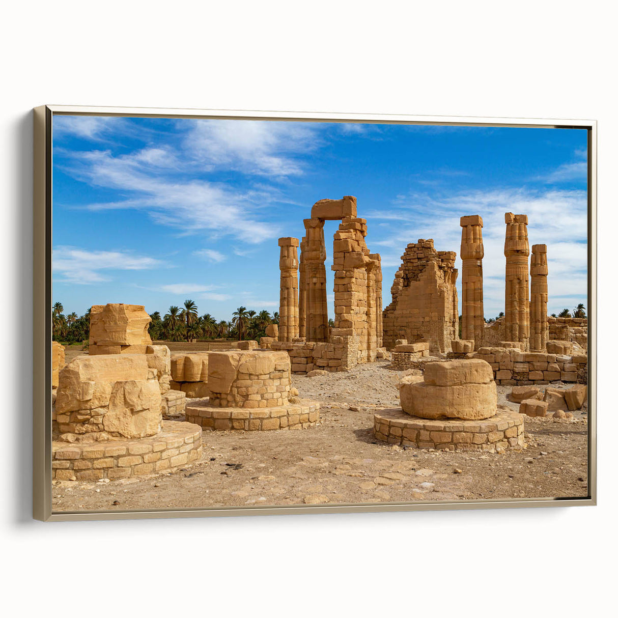 Vintage poster art of ancient ruins in muted gold and black tones on a framed canvas, suited for living room decor.