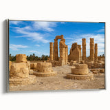 Framed canvas of ancient ruins in a black and white vintage poster style, ideal for bedroom wall art.