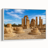 Framed canvas featuring a landscape art painting of ancient ruins in muted earth tones.