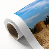 Art deco poster of ancient ruins in muted earth tones on rolled canvas, ideal for nursery wall art.