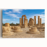 Black and white photo of ancient ruins on a stretched canvas, suitable as large art for kitchen walls.