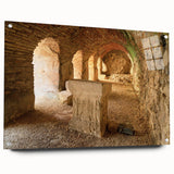 Acrylic print of ancient ruins in muted earth tones, ideal for dining room or bedroom decor.