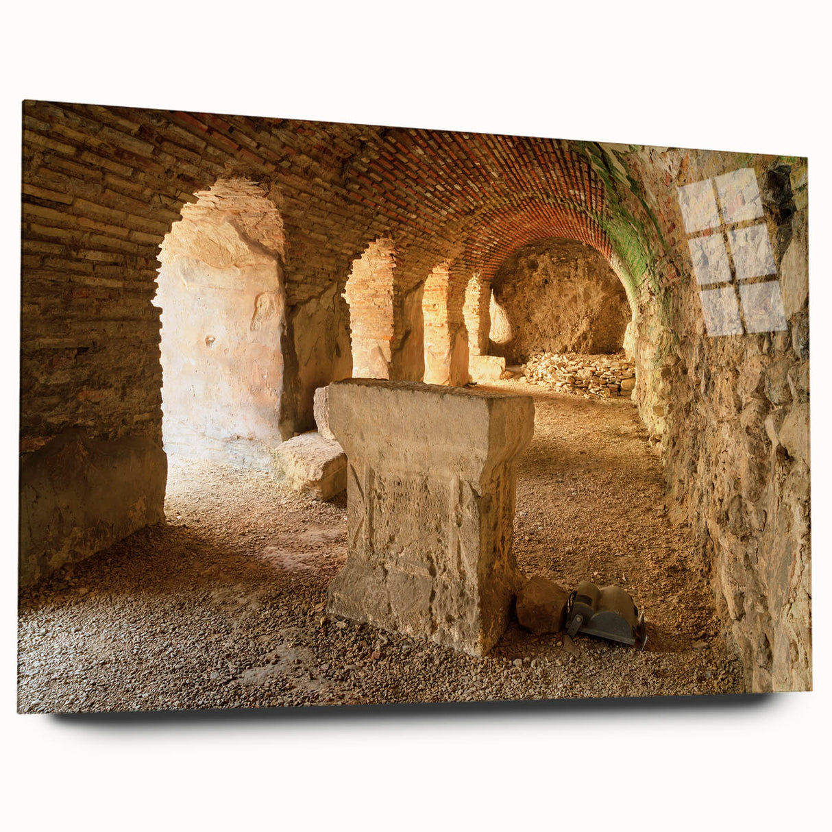 Acrylic print of ancient ruins in neutral tones, suitable for bedroom or dining room decor.