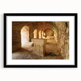 Extra large abstract art print of ancient ruins in vibrant colors on a textured canvas, framed in black.