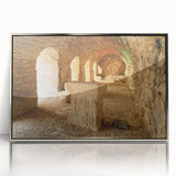 Mid-century modernist art depicting ancient ruins in muted earth tones on a framed acrylic, suitable for nursery wall art.