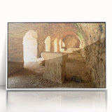 Art deco poster of ancient ruins in muted earth tones on a framed acrylic, ideal for modern art wall decor in a nursery.