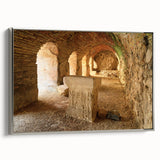 Framed canvas depicting ancient ruins in muted earth tones, ideal for adding a vintage touch to a study or office.