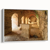 Vintage poster art of ancient ruins in colorful hues on extra large framed canvas, suitable for living room decor.