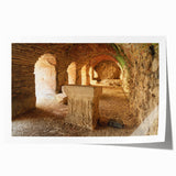 Ancient ruins depicted in muted earth tones on a rolled canvas, suitable for art wall dining room.