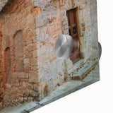 Large abstract wall art print of ancient ruins on acrylic glass, in muted earth tones, ideal for dining room ambiance.