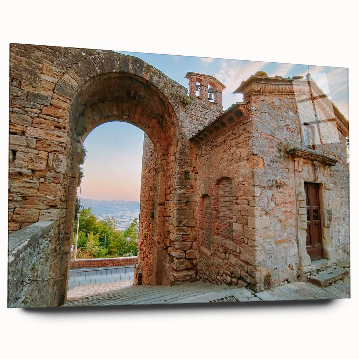 Acrylic print of ancient ruins in muted earth tones, suitable for bedroom or dining room decor.