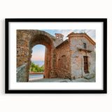 Colorful abstract art print of ancient ruins, in extra large format with black frame, ideal for living room decor.