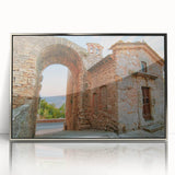 Mid-century modernist art of ancient ruins in muted earth tones on a framed acrylic, suitable for modern art wall decor.