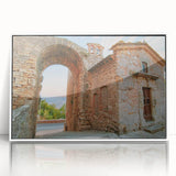 Art deco poster of ancient ruins in muted earth tones, acrylic framed, ideal for modern nursery wall decor.