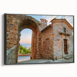Black and white framed canvas depicting ancient ruins in a vintage poster style, suitable for bedroom wall decor.