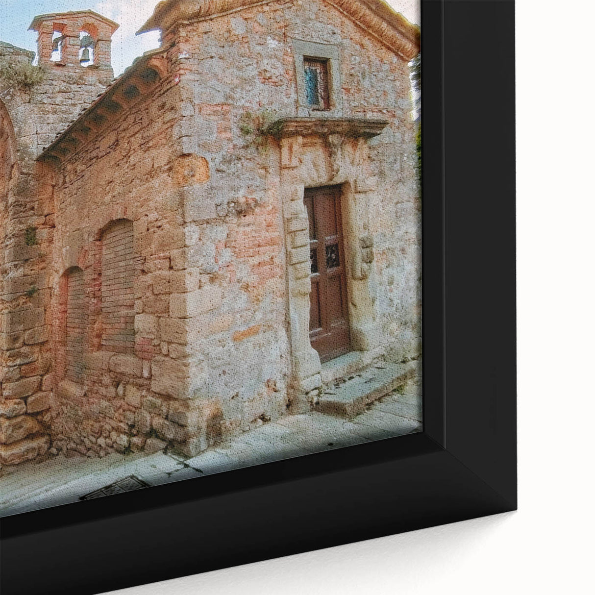 Framed canvas featuring a close-up of ancient ruins in black with textured, colorful art accents.