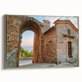 Framed canvas depicting ancient ruins in black and gold tones, ideal for bedroom wall art.