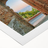 Art deco poster of ancient ruins in muted earth tones on rolled canvas, suitable for dining room or bathroom wall art.