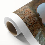 Art deco poster of ancient ruins in muted earth tones on rolled canvas, ideal for nursery wall art or dining room decor.
