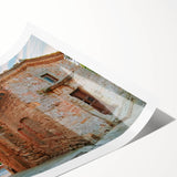 Extra large rolled print of line art flowers on ancient ruins, using muted earth tones, ideal for large living room wall art.