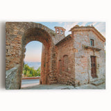 Ancient ruins depicted in black and white on a large stretched canvas, ideal for kitchen wall art.