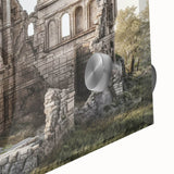 Mid-century modernist large abstract wall art of ancient ruins in muted earth tones, ideal for dining room ambiance.