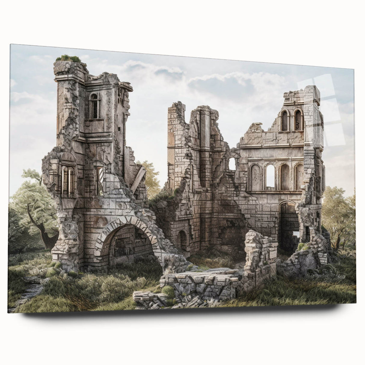 Acrylic print of ancient ruins in muted earth tones, suitable for bedroom or dining room decor.