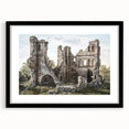 Extra large abstract art print of colorful, textured ancient ruins on a black framed canvas, ideal for living room decor.