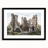 Extra large abstract art print of colorful, textured ancient ruins on a black framed canvas, ideal for living room decor.