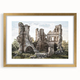 Abstract art print featuring ancient ruins in muted earth tones on a framed canvas, suitable for dining room decor.