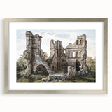 Extra large abstract art print of ancient ruins in textured gray tones, framed in silver, ideal for living room decor.