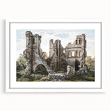 Textured art print of abstract ancient ruins in muted earth tones, framed in white, ideal for bedroom decor.
