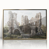 Framed acrylic print of ancient ruins in gold and beige tones, ideal for modern art wall decor.