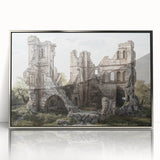 Mid-century modernist art depicting ancient ruins in muted earth tones on a silver-framed acrylic print.