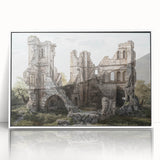 Art deco poster of ancient ruins in muted earth tones, acrylic print in a white frame, suitable for modern art wall decor.