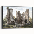 Black and white wall art of ancient ruins on a framed canvas, suited for bedroom landscape art.