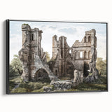Black and white wall art of ancient ruins on a framed canvas, suited for bedroom landscape art.