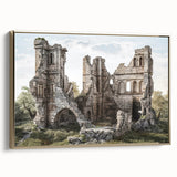 Framed canvas of ancient ruins in black and gold, ideal for bedroom wall art with a vintage poster style.